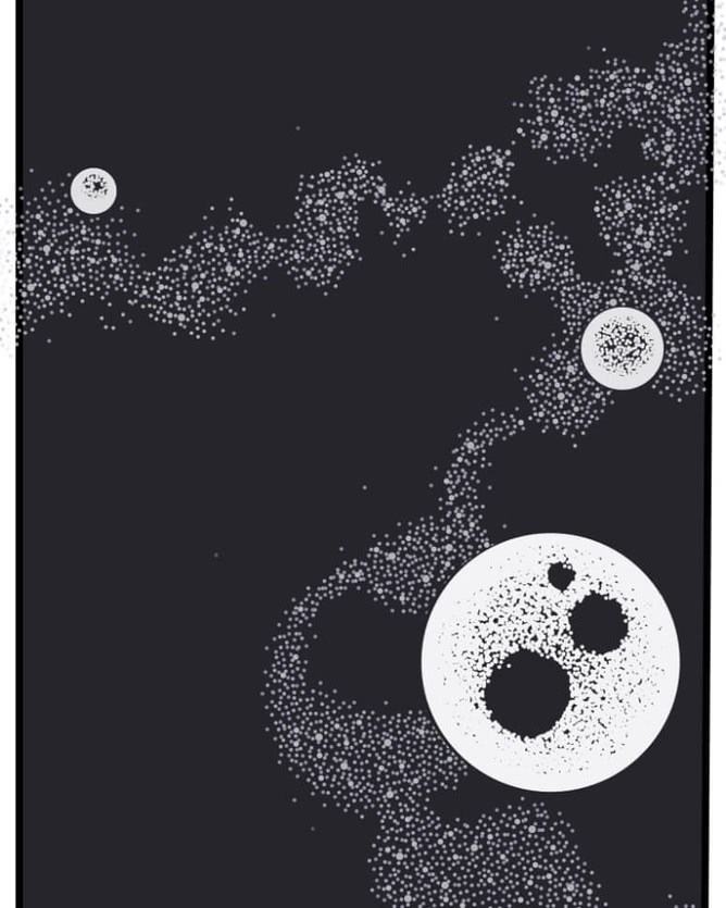 step 3: stars and planets with color, on top of dark blue background. beginning to look like space.