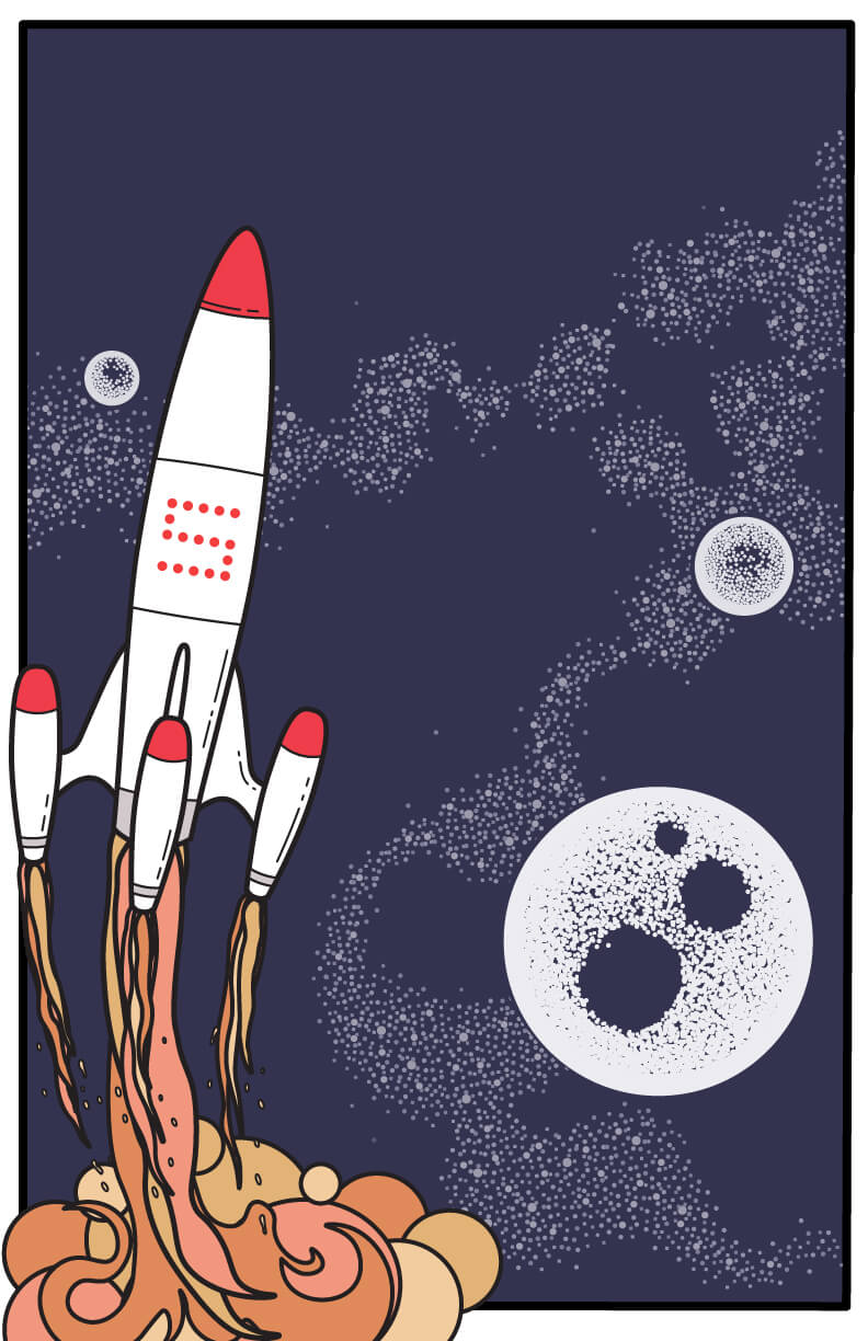 Lighter navy blue background for space-sky, and brighter flames from rocket