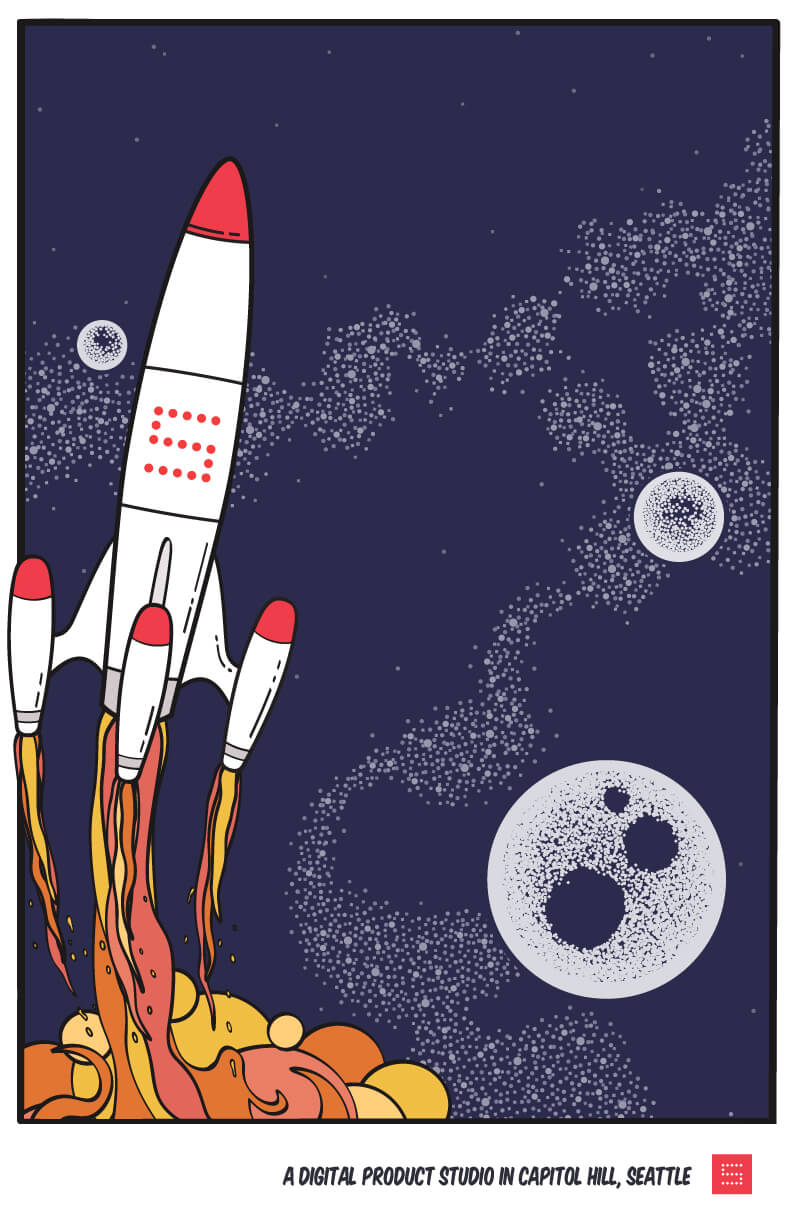 No change to the blue background space-sky, and even more vibrant flames from rocket. Small layout adjustments.