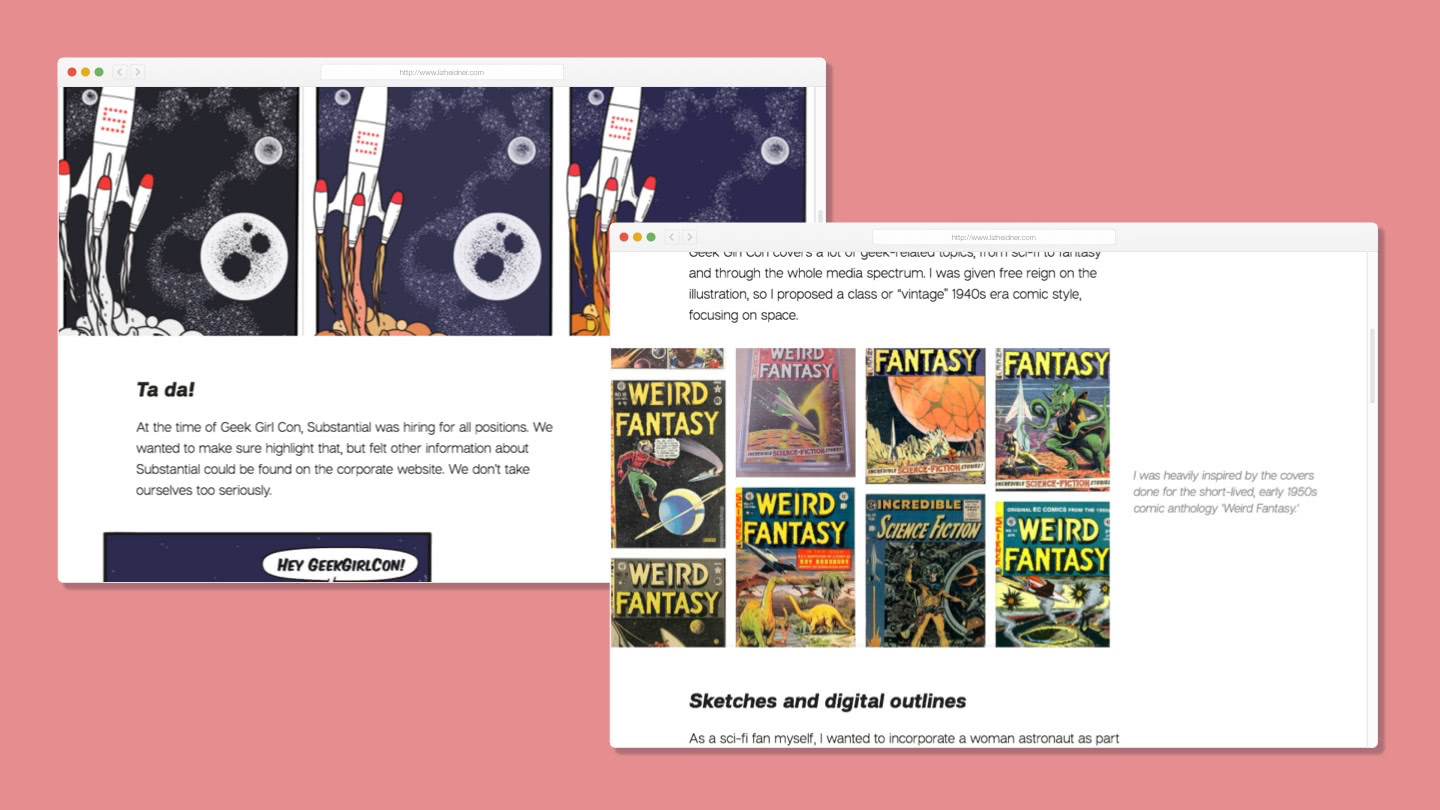 Screenshots of geek girl blog post on fake browser windows